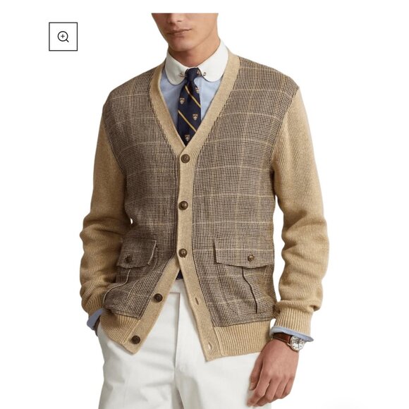 RALPH LAUREN MEN'S GLEN PLAID PANELED LINEN-SILK CARDIGAN - Size Large - Picture 1 of 12